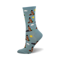 A single light-blue crew sock with a repeating pattern of groundhogs wearing top hats.  Sun, clouds, and grass are also depicted in the design.