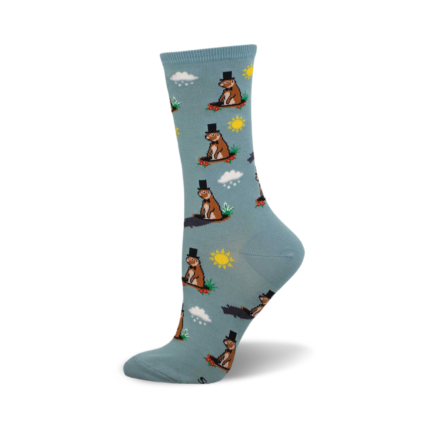 A single light-blue crew sock with a repeating pattern of groundhogs wearing top hats.  Sun, clouds, and grass are also depicted in the design.