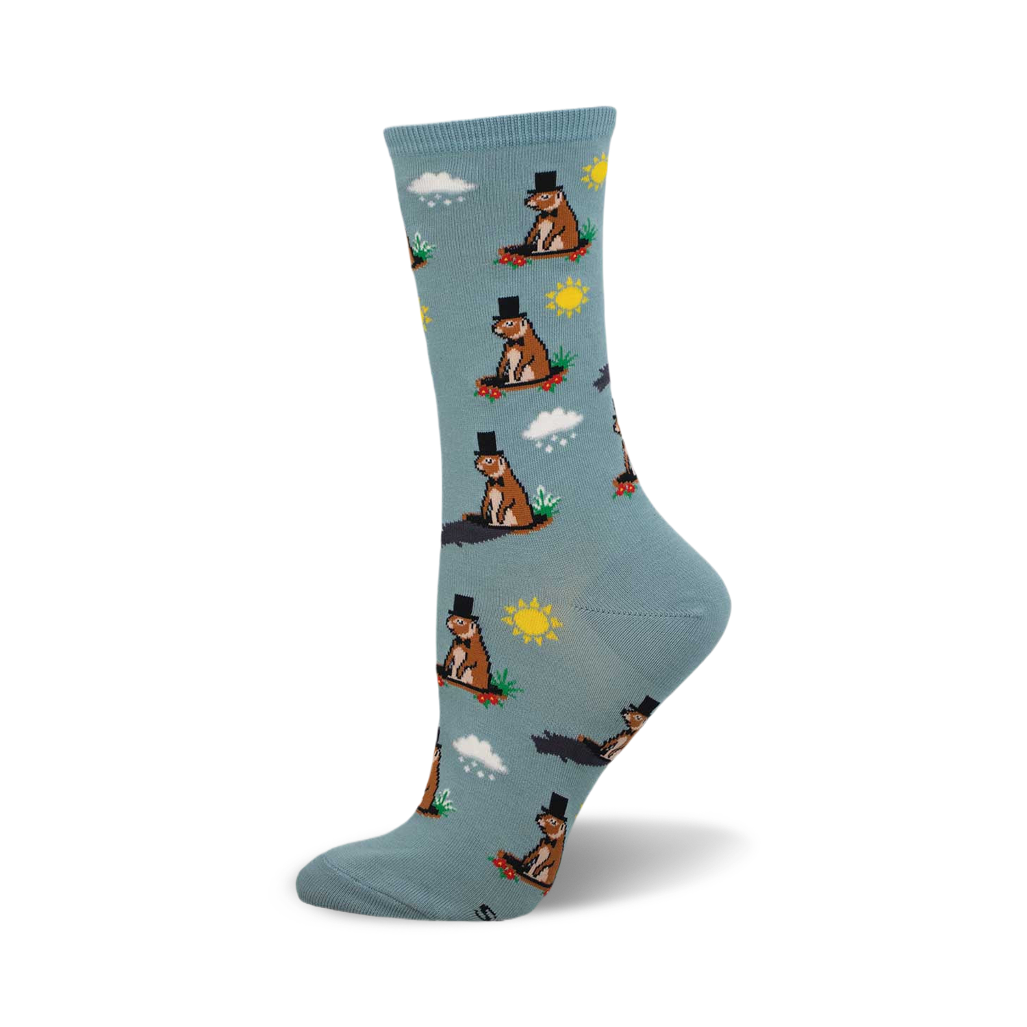 A single light-blue crew sock with a repeating pattern of groundhogs wearing top hats.  Sun, clouds, and grass are also depicted in the design.