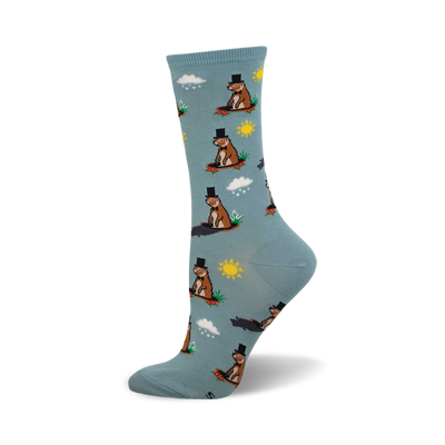 side view of 'six more weeks' socks.  light blue socks feature a repeating pattern of groundhogs in top hats, sunshine, and clouds.