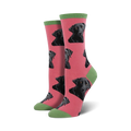 Pair of women's crew socks. Pink background with repeating black Labrador Retriever faces. Green cuffs.
