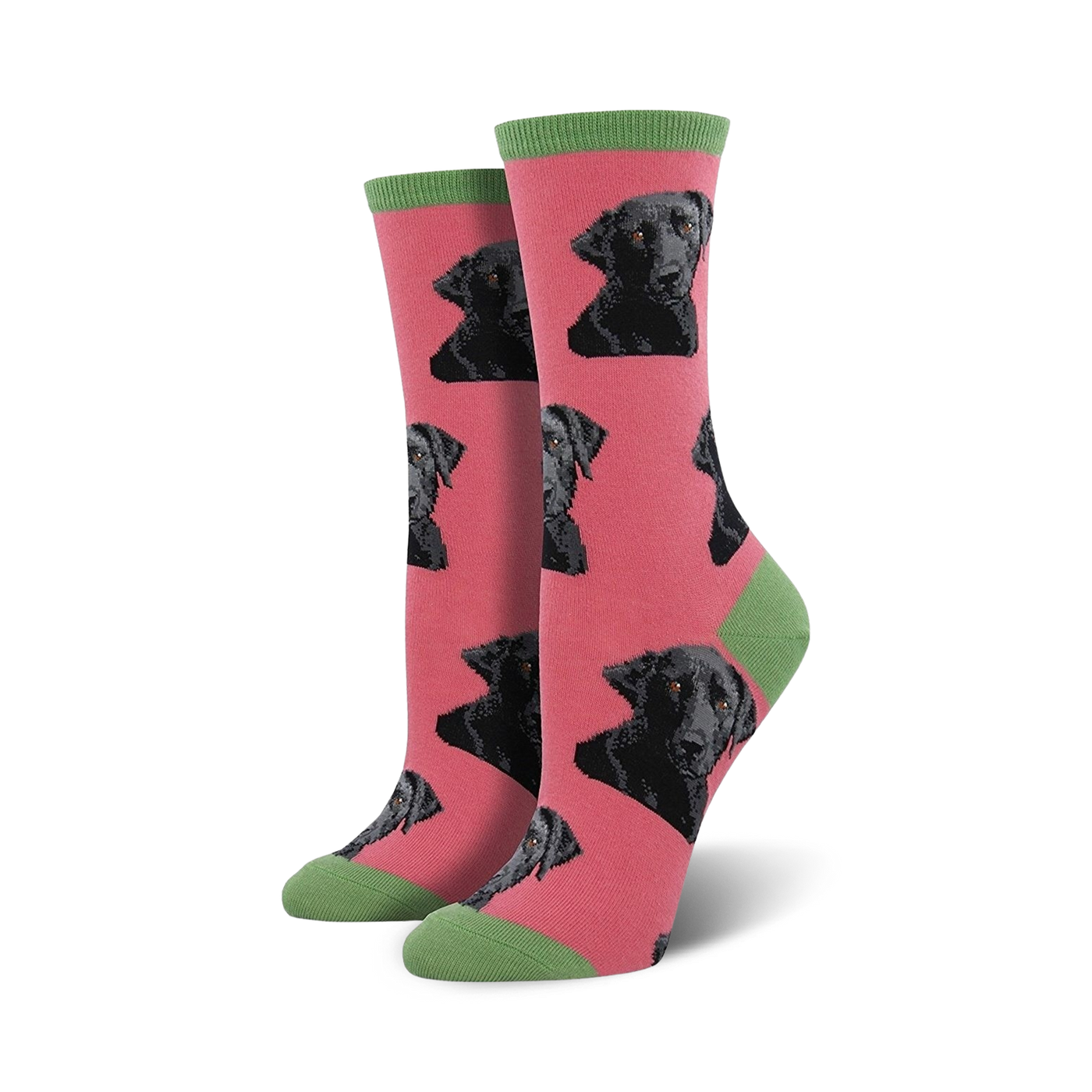 Pair of women's crew socks. Pink background with repeating black Labrador Retriever faces. Green cuffs.