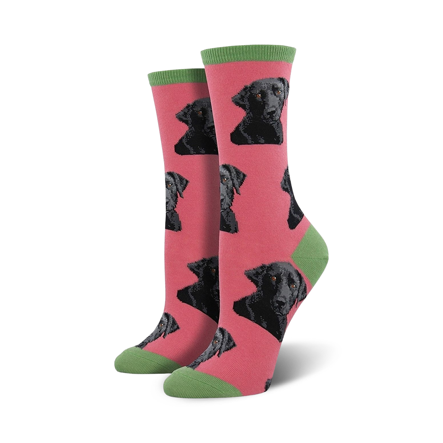 Pair of women's crew socks. Pink background with repeating black Labrador Retriever faces. Green cuffs.