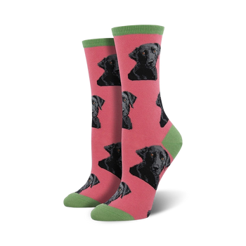 pink crew socks with black labrador retrievers and green collar trim.  