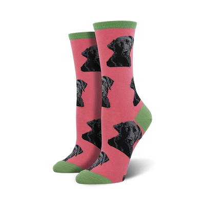 pink crew socks with black labrador retrievers and green collar trim.  