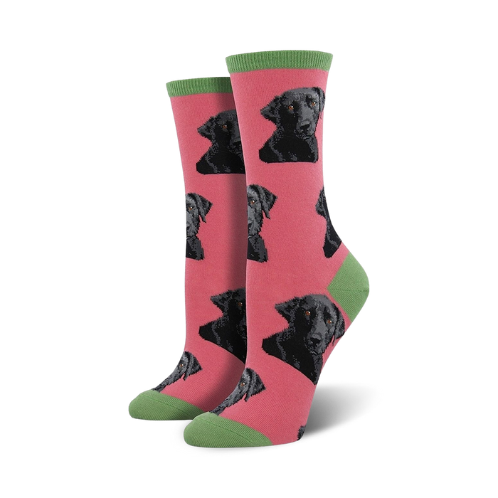 pink crew socks with black labrador retrievers and green collar trim.   }}