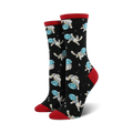 Pair of black crew socks with a repeating pattern of light blue cats in astronaut suits. Red accents at the cuffs.