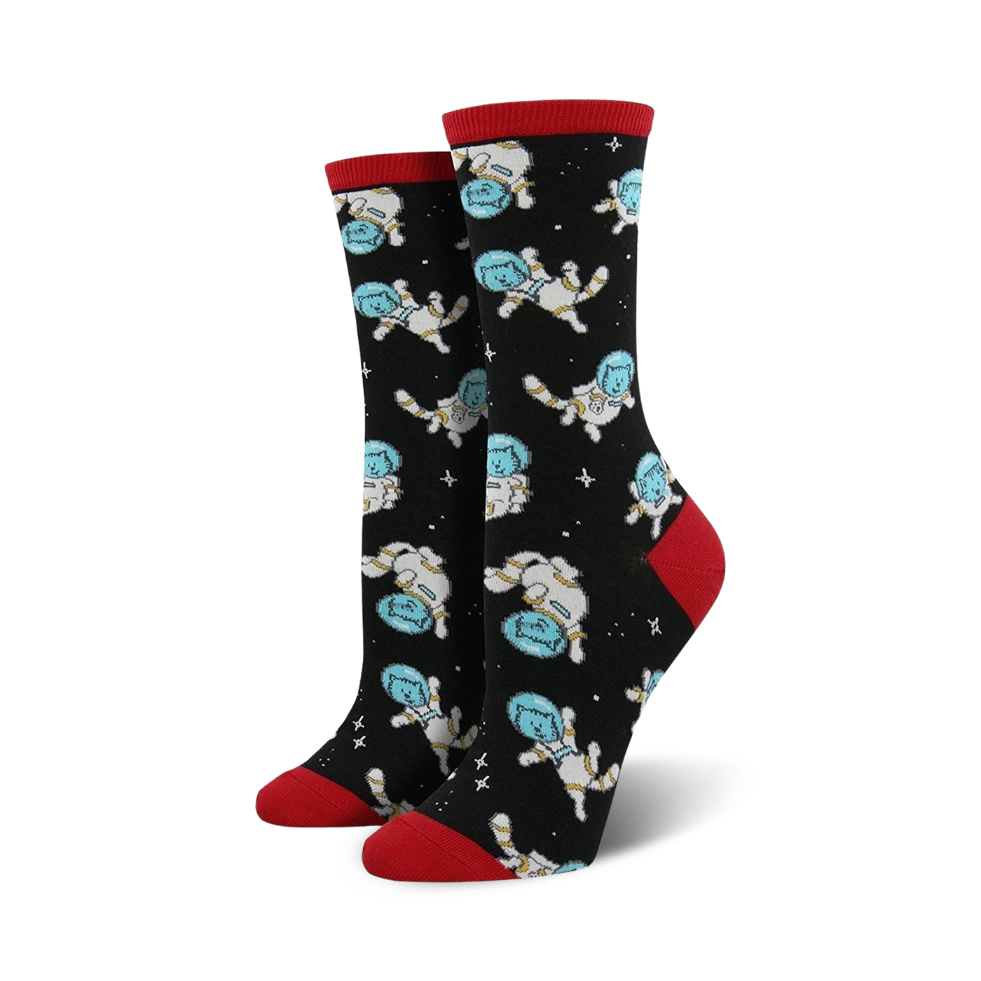 Pair of black crew socks with a repeating pattern of light blue cats in astronaut suits. Red accents at the cuffs.