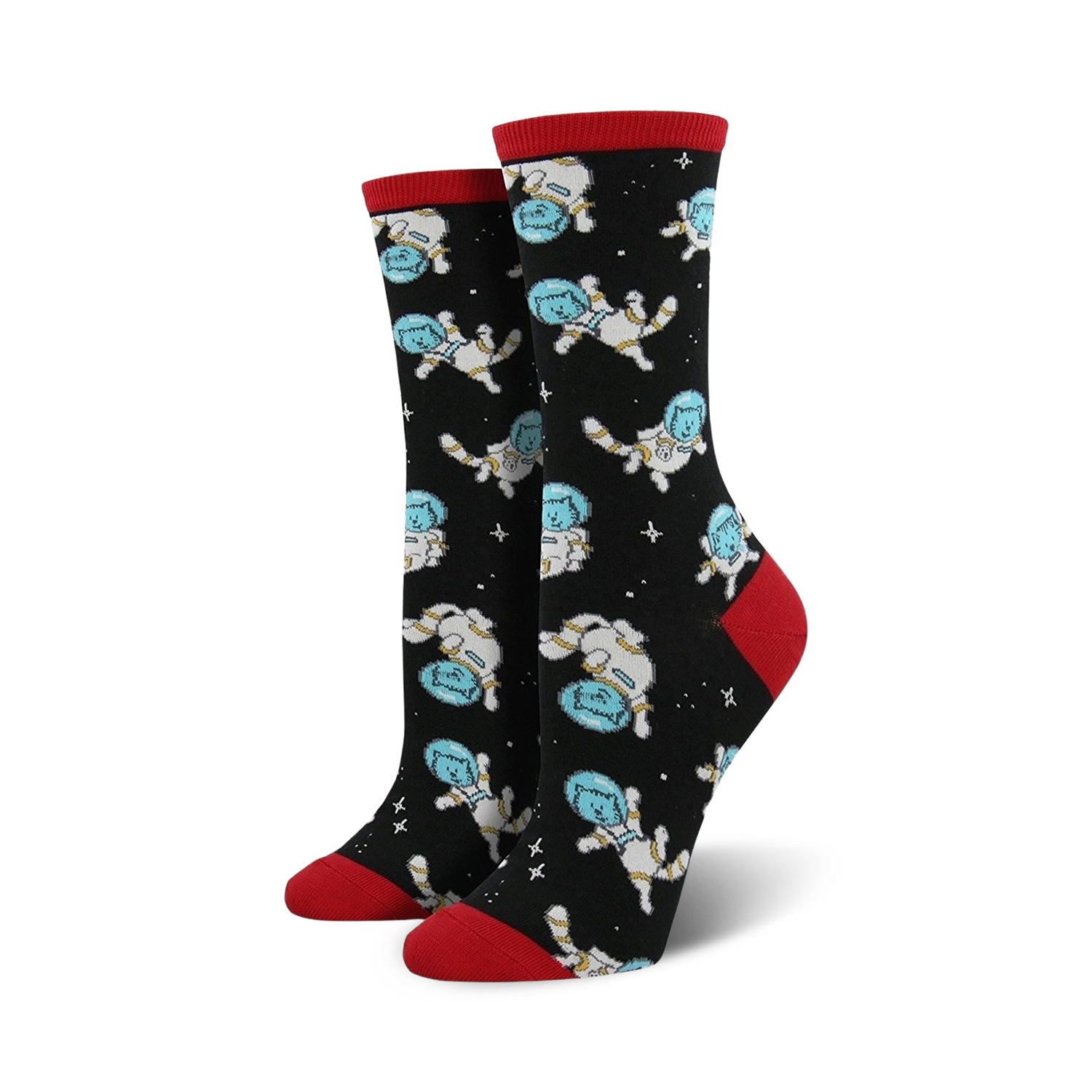 Pair of black crew socks with a repeating pattern of light blue cats in astronaut suits. Red accents at the cuffs.
