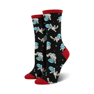 women's crew sock catstronaut space voyage theme. cat crew sock.  