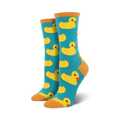 Pair of teal crew socks featuring a repeating pattern of yellow rubber duckies. Orange-yellow toe and heel.