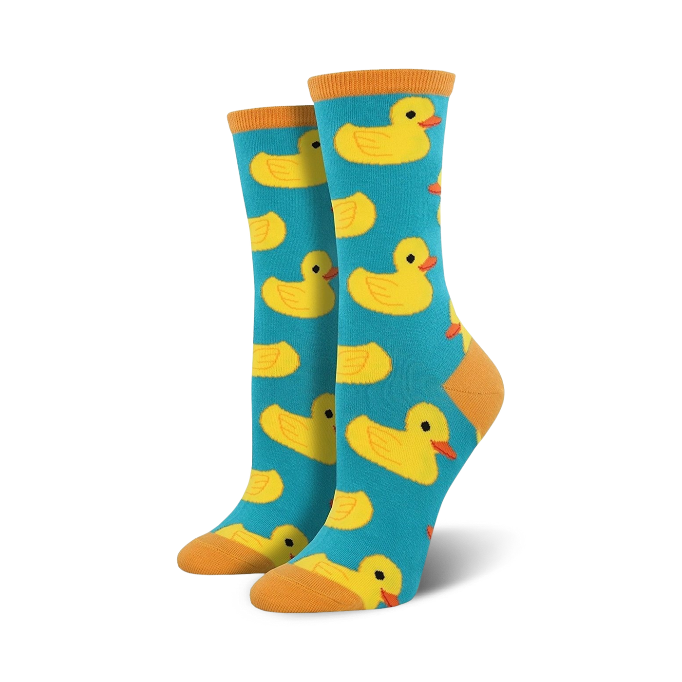Pair of teal crew socks featuring a repeating pattern of yellow rubber duckies. Orange-yellow toe and heel.
