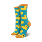 Pair of teal crew socks featuring a repeating pattern of yellow rubber duckies. Orange-yellow toe and heel.