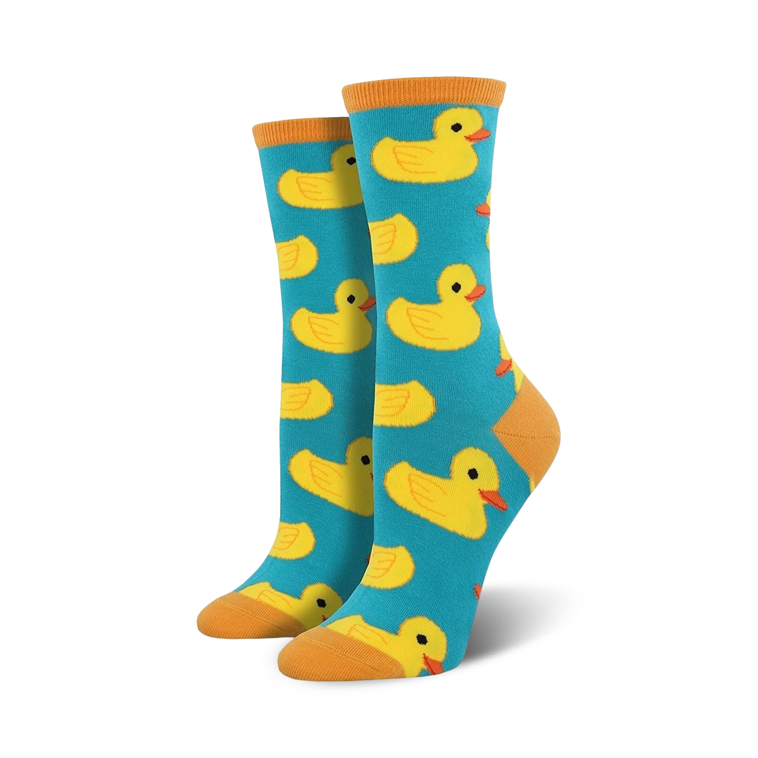 Pair of teal crew socks featuring a repeating pattern of yellow rubber duckies. Orange-yellow toe and heel.