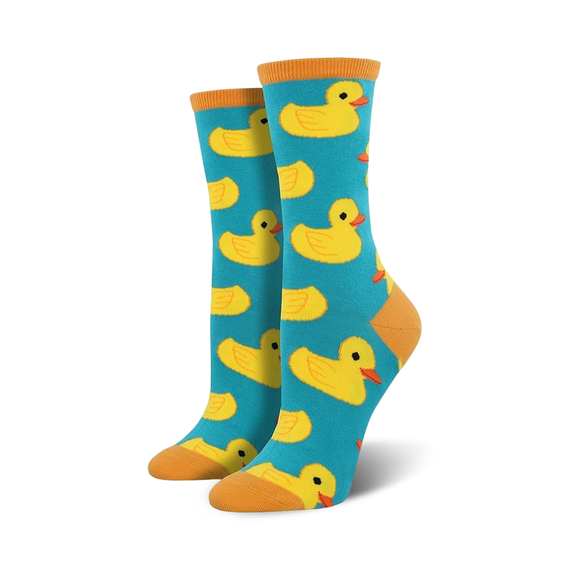 Pair of teal crew socks featuring a repeating pattern of yellow rubber duckies. Orange-yellow toe and heel.