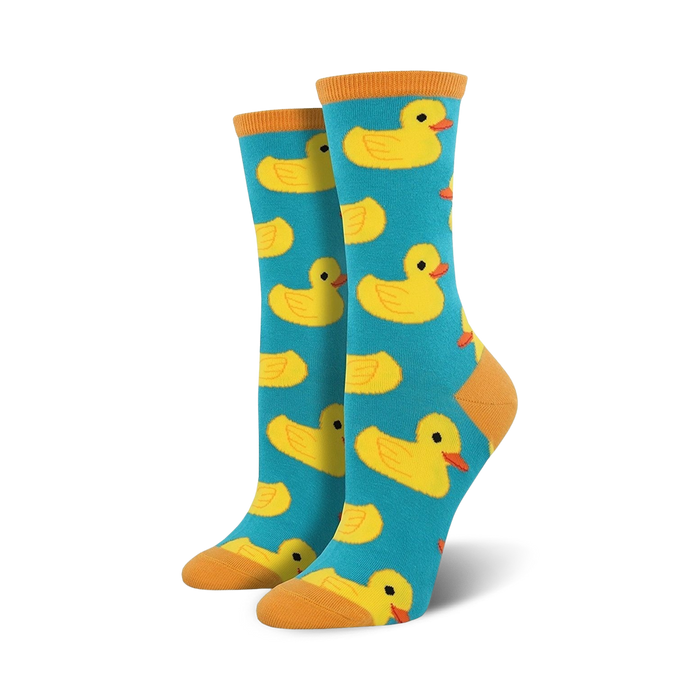 yellow rubber duck pattern on blue crew socks. women's. wildlife theme.   }}