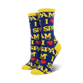 A pair of women's crew socks in navy blue and yellow. The socks feature a repeated pattern of 'I love Spam' in a yellow font with red hearts.