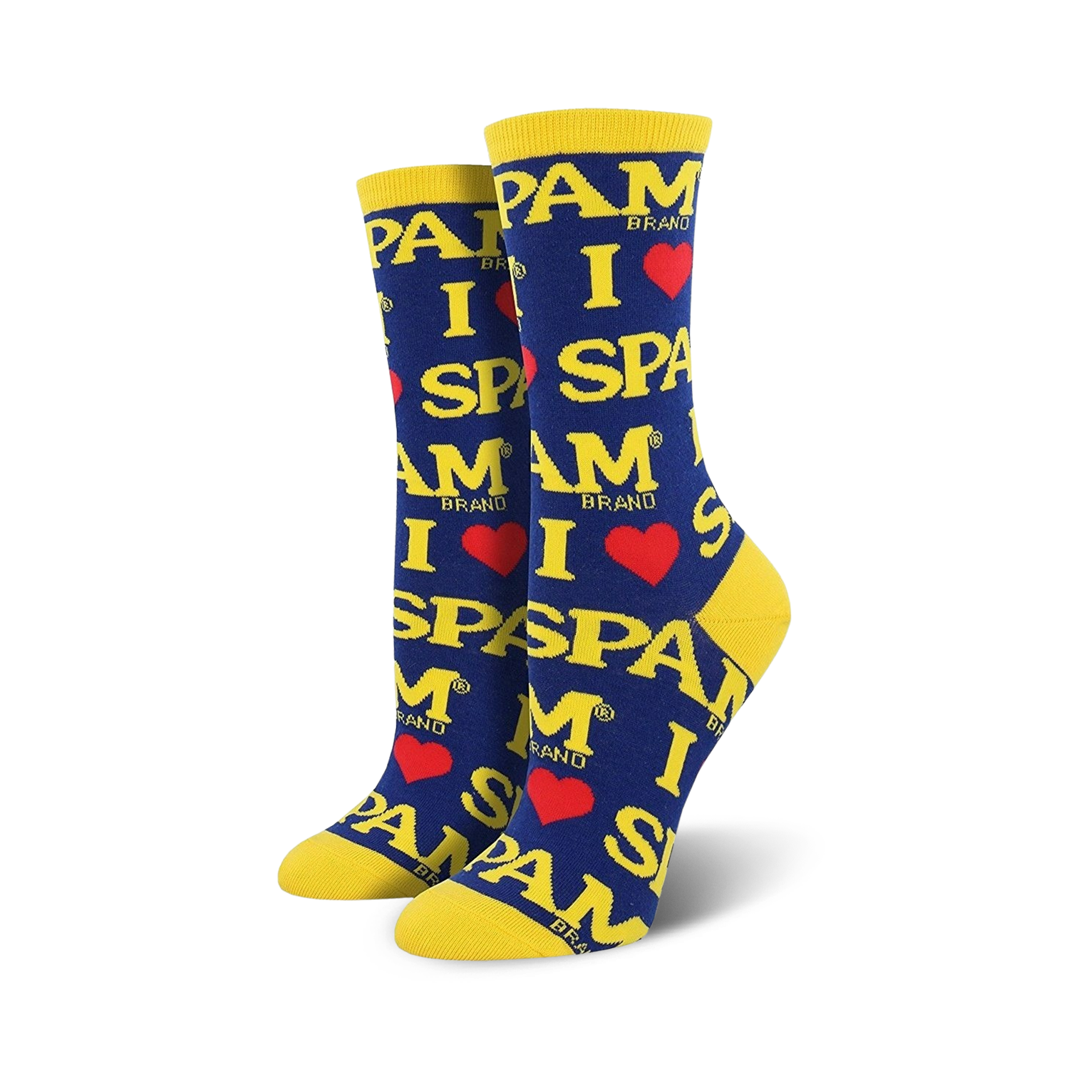 A pair of women's crew socks in navy blue and yellow. The socks feature a repeated pattern of 'I love Spam' in a yellow font with red hearts.