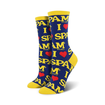 blue crew socks featuring red hearts and yellow letters spelling "spam" and "i (heart) spam".  