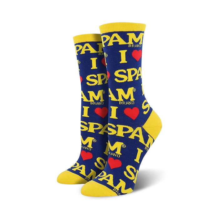 blue crew socks featuring red hearts and yellow letters spelling 