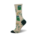 Cream crew socks with green pickles in jars and dill sprigs.  A fun and quirky design for pickle enthusiasts!