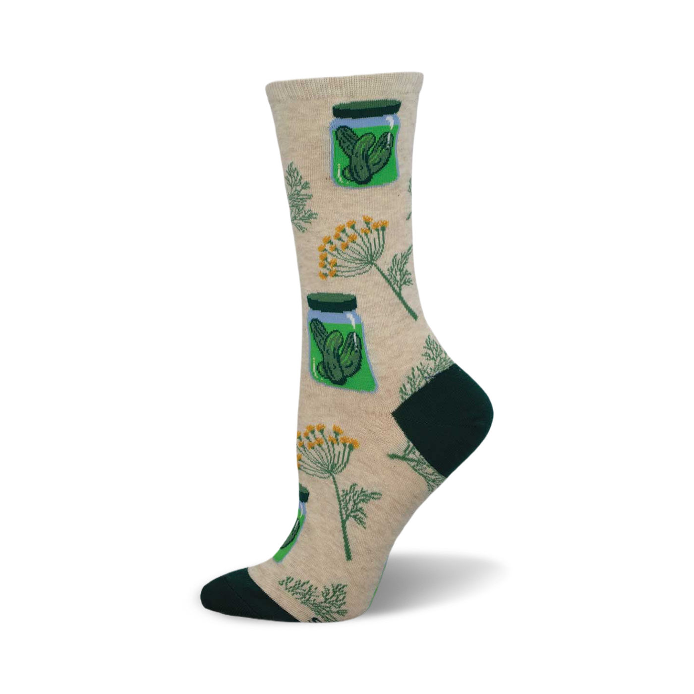 Cream crew socks with green pickles in jars and dill sprigs.  A fun and quirky design for pickle enthusiasts!