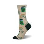 Cream crew socks with green pickles in jars and dill sprigs.  A fun and quirky design for pickle enthusiasts!