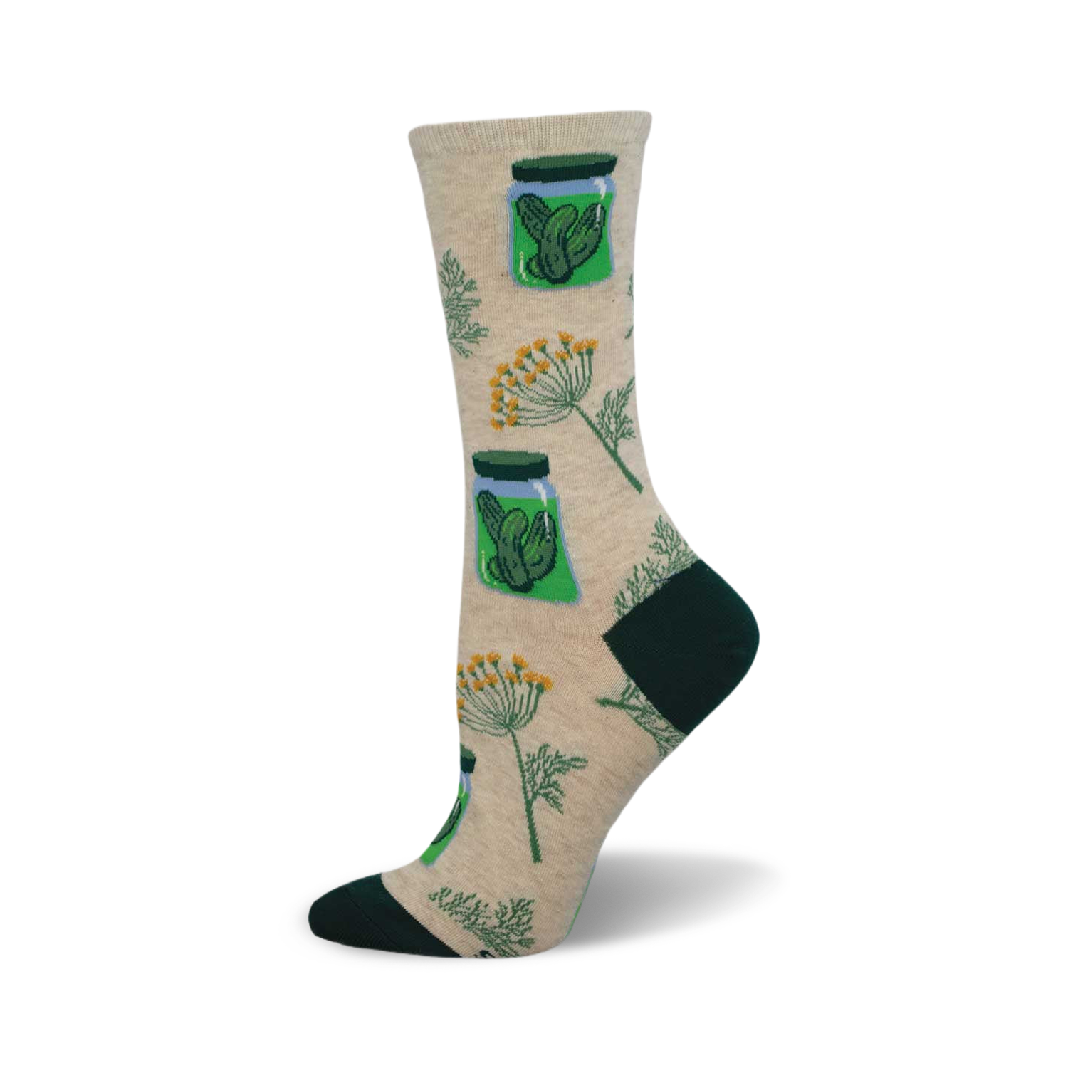 Cream crew socks with green pickles in jars and dill sprigs.  A fun and quirky design for pickle enthusiasts!