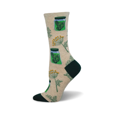 side view of 'pickle lovers paradise' socks.  beige socks feature pickles in jars and dill. fun, quirky design.