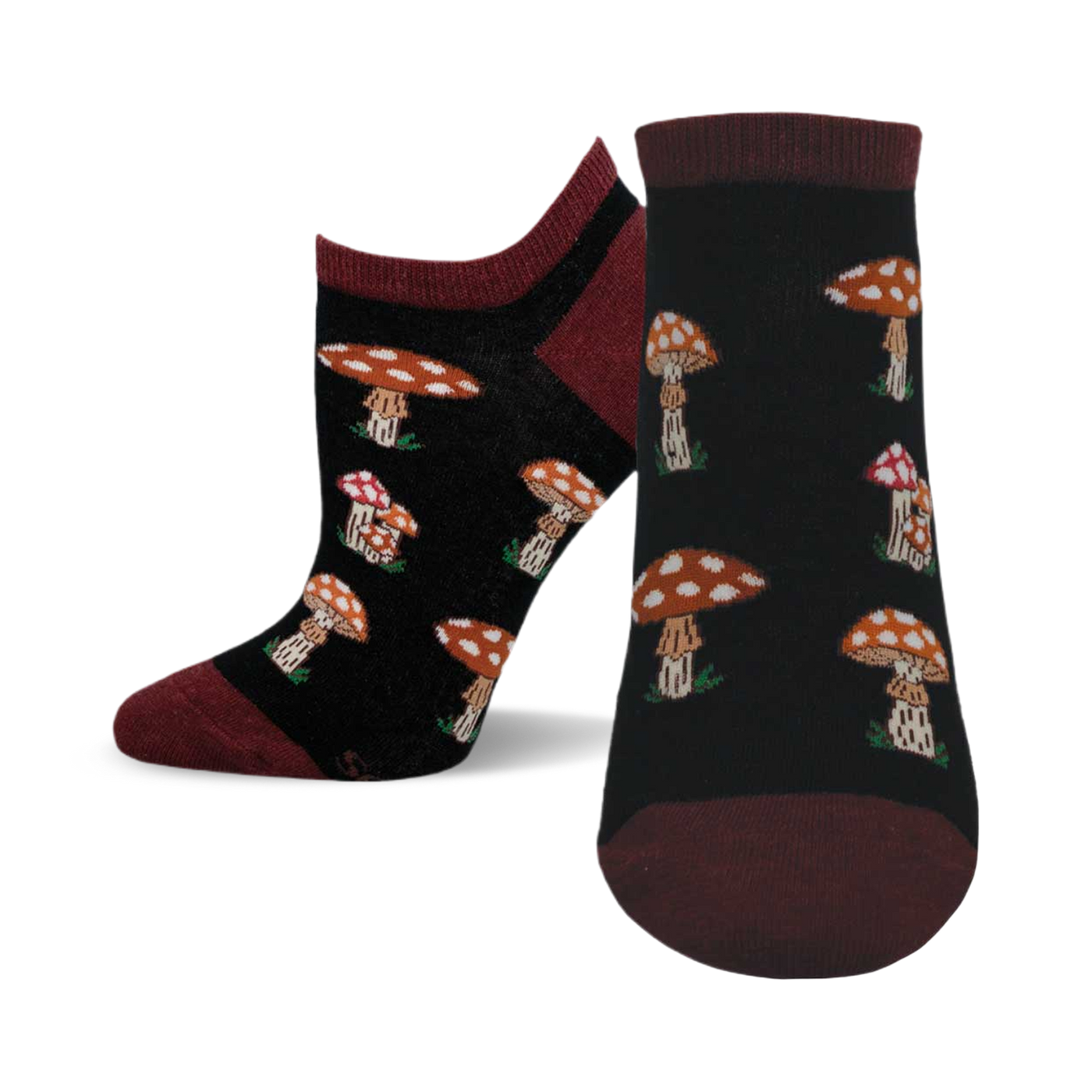 A pair of women's ankle socks in black and burgundy. The socks have a pattern of illustrated mushrooms in shades of orange and red.