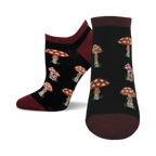 A pair of women's ankle socks in black and burgundy. The socks have a pattern of illustrated mushrooms in shades of orange and red.