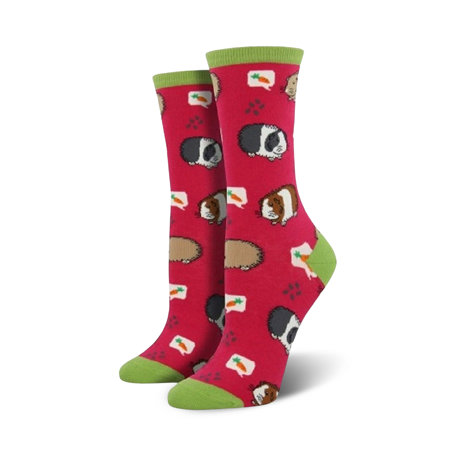Pair of crew socks, pink and green, featuring a repeating pattern of cartoon guinea pigs and carrots.
