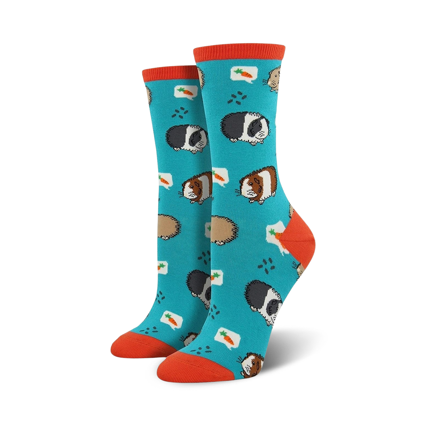 Teal crew socks with guinea pig design shown on a person's feet, next to a succulent plant.