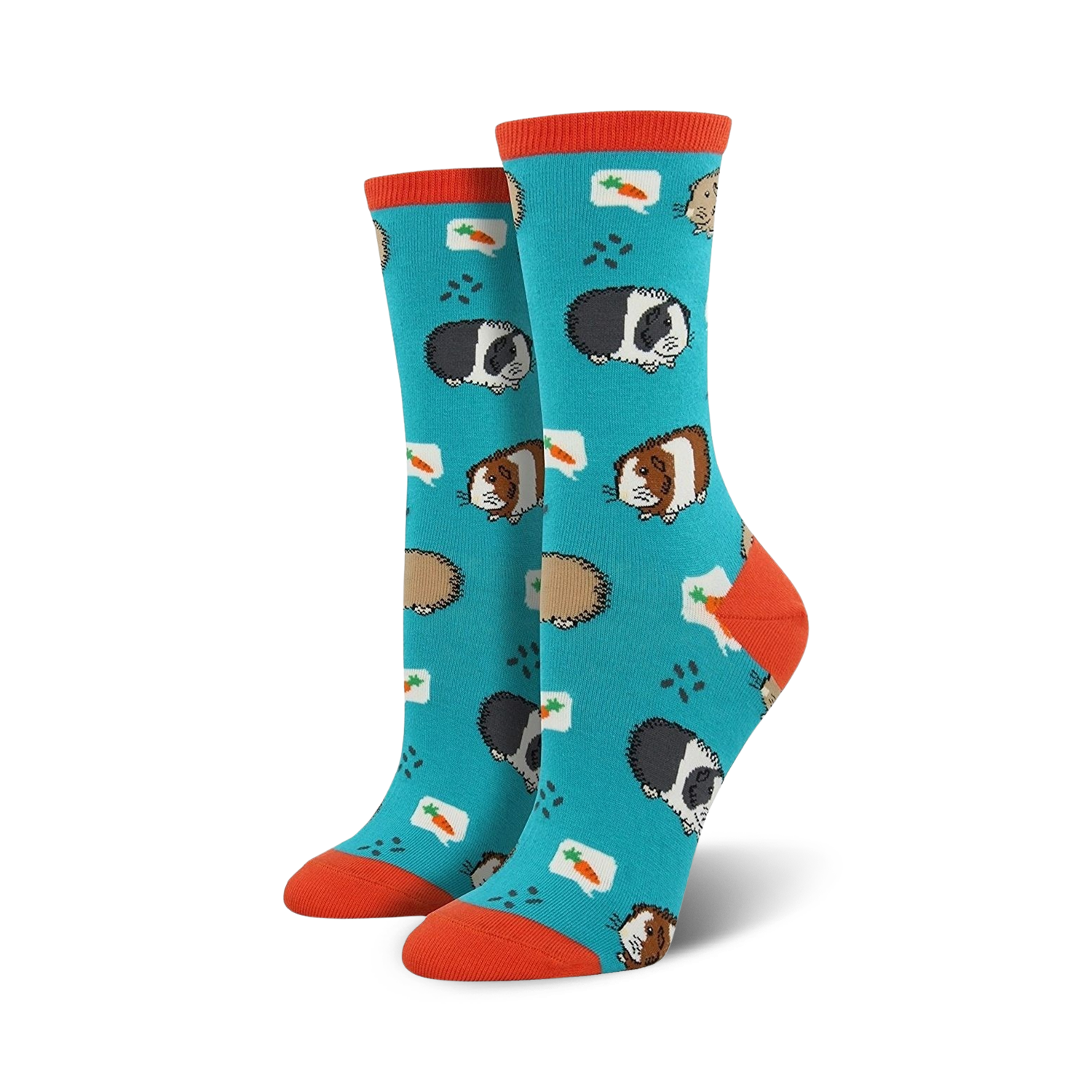 Teal crew socks with guinea pig design shown on a person's feet, next to a succulent plant.