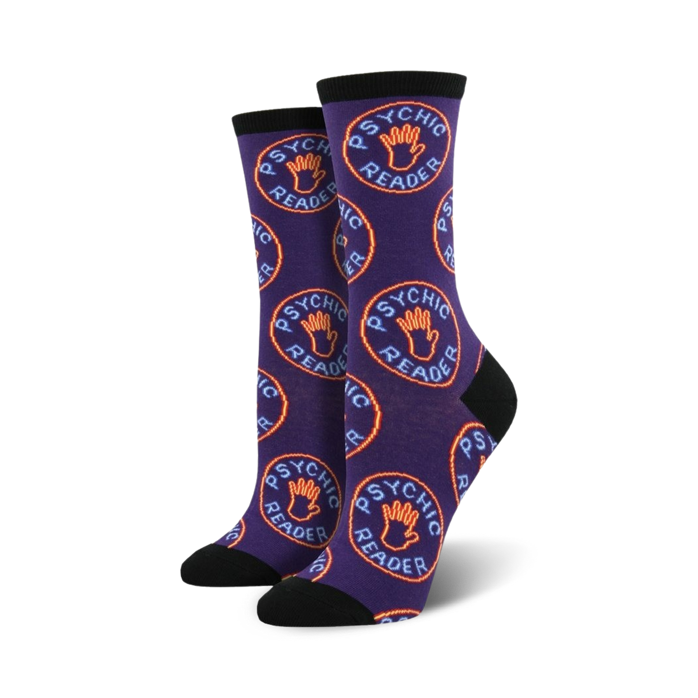 Pair of women's crew socks in purple with a repeating pattern of orange circles that say 'Psychic Reader' and contain a blue hand graphic.