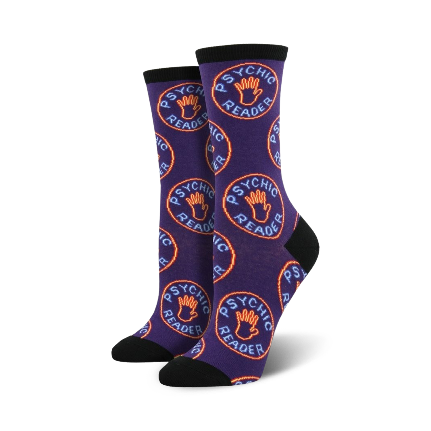 Pair of women's crew socks in purple with a repeating pattern of orange circles that say 'Psychic Reader' and contain a blue hand graphic.
