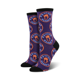 purple crew socks with an all-over pattern of orange and yellow hands with the words "psychic reader"    