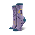 Pair of women's crew socks in purple and teal, showcasing a Jane Austen silhouette, floral details, and a literary quote.