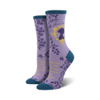 Pair of women's crew socks in purple and teal, showcasing a Jane Austen silhouette, floral details, and a literary quote.