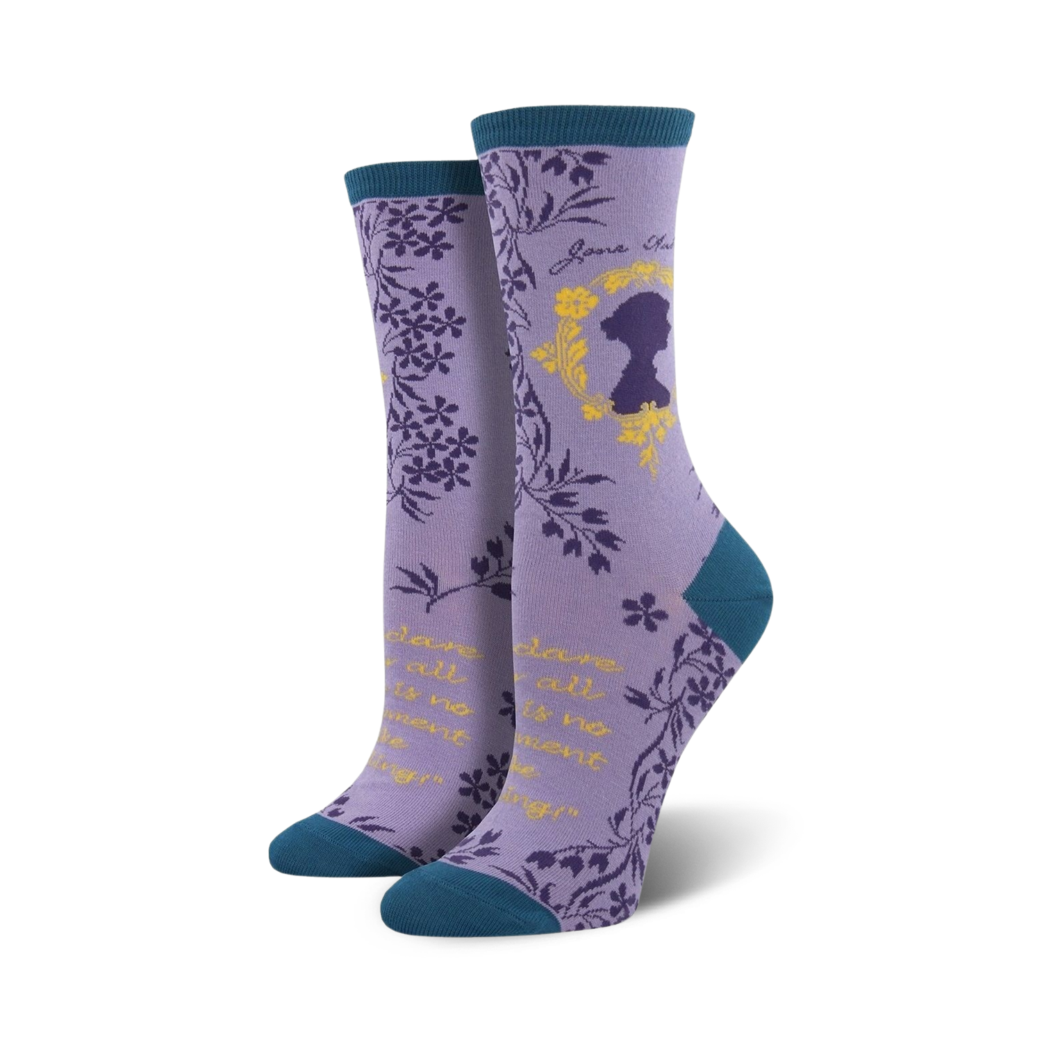 Pair of women's crew socks in purple and teal, showcasing a Jane Austen silhouette, floral details, and a literary quote.