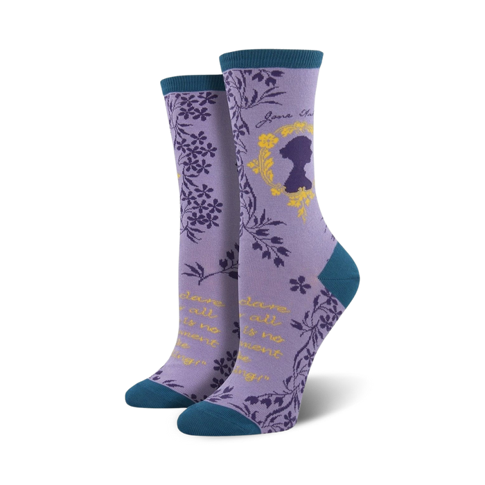 purple crew socks featuring jane austen silhouette and 