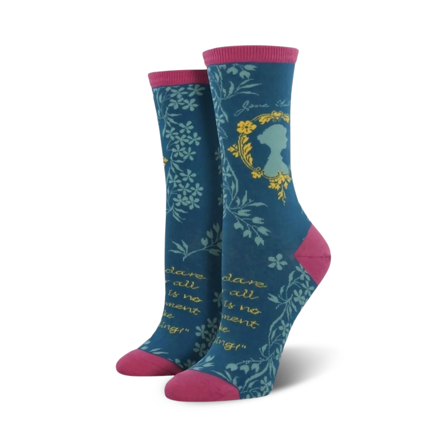 Lifestyle shot of a person wearing the teal Jane Austen socks, showcasing how they look when worn.