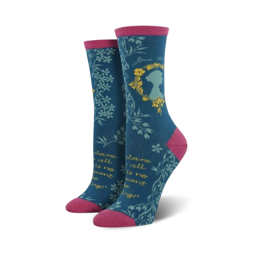 Lifestyle shot of a person wearing the teal Jane Austen socks, showcasing how they look when worn.