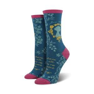 jane austen socks for women with a blue body, pink toe, heel, and top. there is a portrait of jane austen in a blue cameo on the front of the socks, surrounded by a wreath of flowers. text reads 'jane austen' above the portrait and '{dare to be different}' below the portrait.  