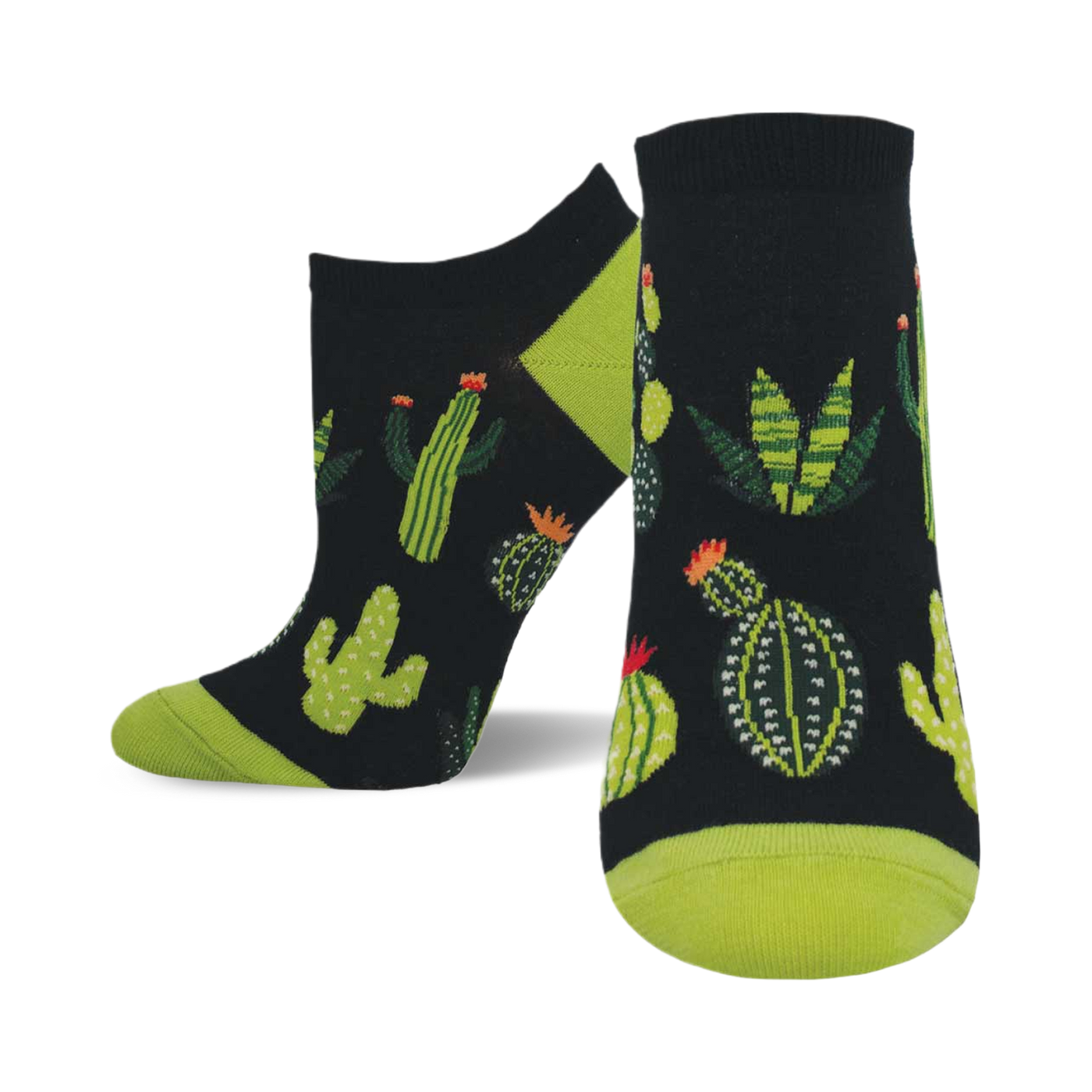 A pair of ankle socks with a black background and a fun pattern of various cacti and succulents in shades of green. The socks have lime green heels and toes.