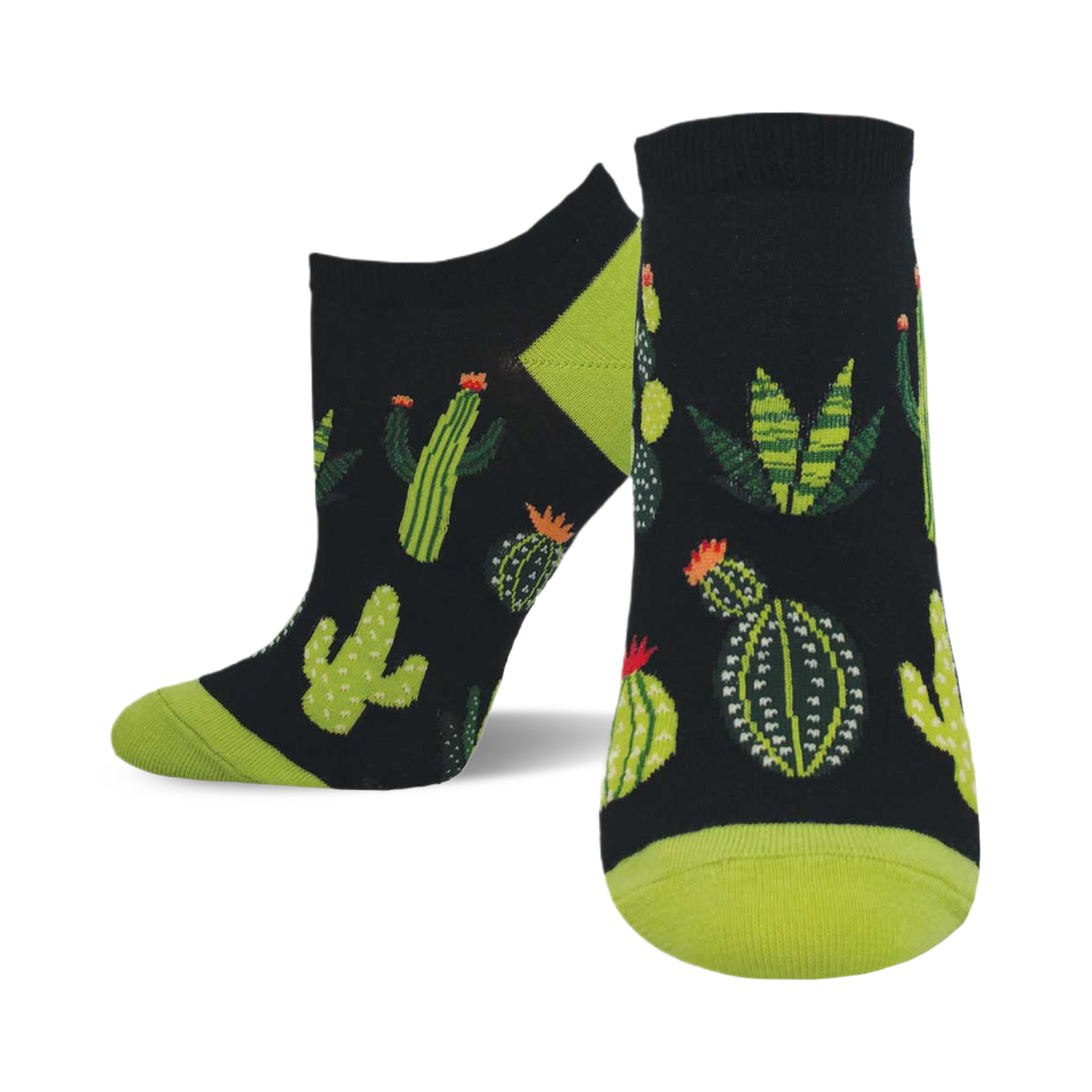 A pair of ankle socks with a black background and a fun pattern of various cacti and succulents in shades of green. The socks have lime green heels and toes.