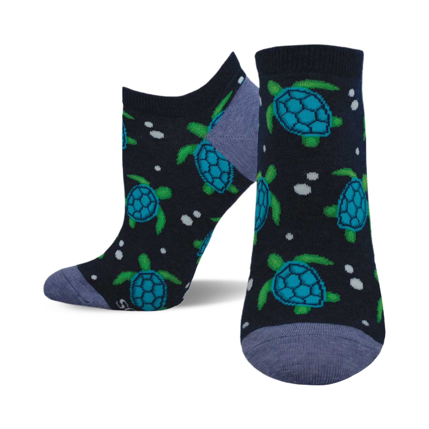 A pair of navy blue ankle socks adorned with a playful pattern of teal and green sea turtles and white dots.