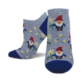 A pair of women's ankle socks in light blue and royal blue. The socks are adorned with a pattern of smiling gnomes holding daisies.