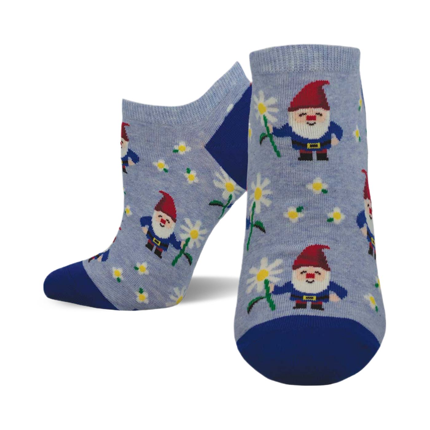 A pair of women's ankle socks in light blue and royal blue. The socks are adorned with a pattern of smiling gnomes holding daisies.