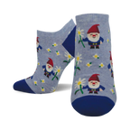 A pair of women's ankle socks in light blue and royal blue. The socks are adorned with a pattern of smiling gnomes holding daisies.